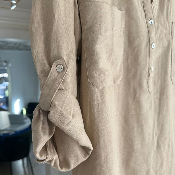 ELLEN TRACEY Beige Linen Blend Blouse / Top - Roll Sleeves, Placket Front - XXL - Picture 13 of 16